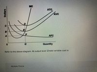 MC
ATC
AVC
E
AFC
Quantity
Refer to the above diagram. At output level Q total variable cost is:
Multiple Choice
Dollars
