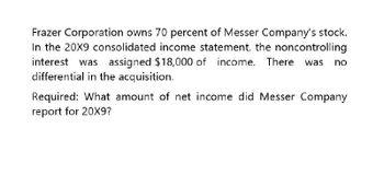 Frazer Corporation owns 70 percent of Messer Company's stock.
In the 20X9 consolidated income statement, the noncontrolling
interest was assigned $18,000 of income. There was no
differential in the acquisition.
Required: What amount of net income did Messer Company
report for 20X9?