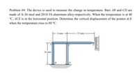 Problem #4: The device is used to measure the change in temperature. Bars AB and CD are
made of A-36 steel and 2014-T6 aluminum alloy respectively. When the temperature is at 40
°C, ACE is in the horizontal position. Determine the vertical displacement of the pointer at E
when the temperature rises to 80 °C.
mm
72 mm
36 mm
B
