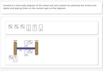 Construct a free-body diagram of the wheel and axle system by selecting the arrows and
labels and placing them on the correct spot on the diagram.
555111
FN
Wheel
Axle
F
a
F
g
Wheel