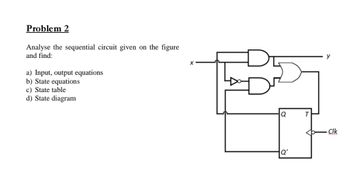 Problem 2
Analyse the sequential circuit given on the figure
and find:
a) Input, output equations
b) State equations
c) State table
d) State diagram
Q'
y
Clk