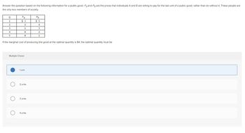 Answer the question based on the following information for a public good. Pa and Phare the prices that individuals A and B are willing to pay for the last unit of a public good, rather than do without it. These people are
the only two members of society.
Q
1
2
3
4
5
Pa
$3
2
1
0
0
Multiple Choice
If the marginal cost of producing this good at the optimal quantity is $4, the optimal quantity must be
1 unit.
2 units.
3 units.
Pb
$5
4
3
2
1
4 units.