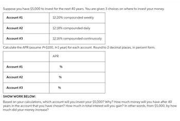 Suppose you have $5,000 to invest for the next 40 years. You are given 3 choices on where to invest your money.
Account #1
12.20% compounded weekly
Account #2
12.18% compounded daily
12.16% compounded continuously
Account #3
Calculate the APR (assume P-$100, t=1 year) for each account. Round to 2 decimal places, in percent form.
APR
Account #1
%
Account #2
%
Account #3
%
SHOW WORK BELOW:
Based on your calculations, which account will you invest your $5,000? Why? How much money will you have after 40
years in the account that you have chosen? How much in total interest will you gain? In other words, from $5,000, by how
much did your money increase?