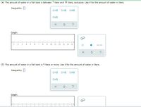 (a) The amount of water in a fish tank is between 7 liters and 14 liters, exclusive. Use a for the amount of water in liters.
Inequality: 0
O<O
OSO
?
Graph:
+
4
8
15
(b) The amount of water in a fish tank is 4 liters or more. Use a for the amount of water in liters.
Inequality: 0
O<O
O>0 Oso
?
Graph:
-.
