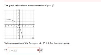 The graph below shows a transformation of y = 2².
4
3
2
-5 -4 -3 -2 -1
y = 1-2.2
da
H
N
-3
Write an equation of the form y = A· 2ª + k for the graph above.
x 0