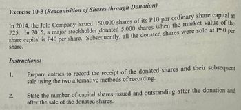 Answered: Exercise 10-3 (Reacquisition of Shares… | bartleby