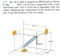 6-79 Bar AB is used to support an 850-lb load as shown
in Fig.
and-socket joint. End B of the bar is supported with two
cables. Determine the components of the reaction at sup-
port A and the tensions in the two cables.
. End A of the bar is supported with a ball-
32 in.
B
26 in.
850 lb
16 in.
