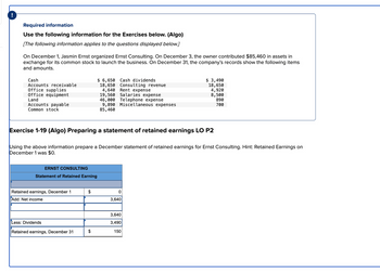 !
Required information
Use the following information for the Exercises below. (Algo)
[The following information applies to the questions displayed below.]
On December 1, Jasmin Ernst organized Ernst Consulting. On December 3, the owner contributed $85,460 in assets in
exchange for its common stock to launch the business. On December 31, the company's records show the following items
and amounts.
Cash
Accounts receivable
Office supplies
Office equipment
Land
Accounts payable
Common stock
ERNST CONSULTING
Statement of Retained Earning
Retained earnings, December 1
Add: Net income
Less: Dividends
Retained earnings, December 31
$6,650 Cash dividends
18,650
4,640
$
19,560
46,000
Exercise 1-19 (Algo) Preparing a statement of retained earnings LO P2
$
Consulting revenue
Rent expense
Salaries expense
Telephone expense
9,890 Miscellaneous expenses
85,460
Using the above information prepare a December statement of retained earnings for Ernst Consulting. Hint: Retained Earnings on
December 1 was $0.
$ 3,490
18,650
0
3,640
4,920
8,500
3,640
3,490
150
890
700