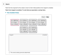 Part A
Rank the time required for the crates to return to their initial positions from largest to smallest.
Rank from largest to smallest. To rank items as equivalent, overlap them.
• View Available Hint(s)
Reset
Help
k = 20 N/m
= 10 N/m
L = 5 cm
k = 5 N/m
k = 10 N/m
L = 5 cm
L = 5 cm
L = 5 cm
Lo = 15 cm
Lo
= 10 cm
Lo
= 10 cm
Lo
= 20 cm
k = 5 N/m
k = 15 N/m
L = 10 cm
L = 10 cm
Lo = 20 cm
Lo = 15 cm
largest
smallest
O The correct ranking cannot be determined.
