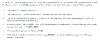 On July 31, 2027, Splish Brothers Company had a cash balance per books of $6,275. The statement from Dakota State Bank on that
date showed a balance of $7,825.80. A comparison of the bank statement with the Cash account revealed the following facts.
1.
2.
3.
4.
5.
6.
The bank service charge for July was $17.
The bank collected $1,655 for Splish Brothers Company through electronic funds transfer.
The July 31 receipts of $1,336.30 were not included in the bank deposits for July. These receipts were deposited by the
company in a night deposit vault on July 31.
Company check No. 2480 issued to L. Taylor, a creditor, for $384 that cleared the bank in July was incorrectly entered in the
cash payments record on July 10 for $348.
Checks outstanding on July 31 totaled $1,995.10.
On July 31, the bank statement showed an NSF charge of $710 for a check received by the company from W. Krueger, a
customer, on account.