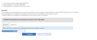 k. Cost of goods sold (unadjusted), $304,400.
I. Cash payments to creditors, $64,200.
m. Underapplied or overapplied overhead _$?_
Required:
1. Calculate the ending balances that would be reported on the company's balance sheet on January 31st (Hint: Be sure to calculate
the underapplied or overapplied overhead and then account for its affect on the balance sheet.)
2. What is Morrison Company's net operating income for the month of January?
Complete this question by entering your answers in the tabs below.
Required 1
Required 2
What is Morrison Company's net operating income for the month of January?
Net operating income
< Required 1
Required 2 >
