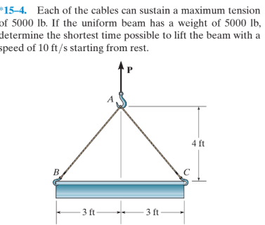 *15–4. Each of the cables can sustain a maximum tension
of 5000 lb. If the uniform beam has a weight of 5000 lb,
determine the shortest time possible to lift the beam with a
speed of 10 ft/s starting from rest.
4 ft
B
- 3 ft-
3 ft
