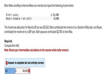Elton Weiss and Reyna Herrera-Weiss are married and report the following income items:
Elton's salary
Reyna's Schedule C net profit
The income tax deduction for Reyna's SE tax was $3,532. Elton contributed the maximum to a Section 401(k) plan, and Reyna
contributed the maximum to a SEP plan. Both spouses contributed $2,750 to their IRAS.
$ 254,000
50,000
Required:
Compute their AGI.
Note: Round your intermediate calculations to the nearest whole dollar amount.
AGI
Answer is complete but not entirely correct.
$ 304,000