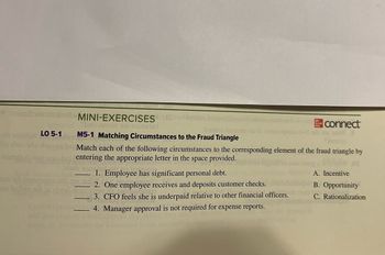 od 0123
po dass bie
Bluogely
MINI-EXERCISES
achroval, Ybolin0391 31 25onsisd
LO 5-1
hude
chant desa y
Torinos Lamotni s
slavi M5-1 Matching Circumstances to the Fraud Triangle
Match each of the following circumstances to the corresponding element of the fraud triangle by
entering the appropriate letter in the space provided.
35r2 93m
aleonoqu
1. Employee has significant personal debt.
2. One employee receives and deposits customer checks.
290 Grave
3. CFO feels she is underpaid relative to other financial officers.
4. Manager approval is not required for expense reports.
connect
o W S
A. Incentive
B. Opportunity
C. Rationalization