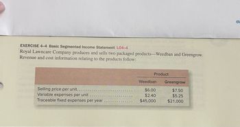 1200 sombong jina logo
Tripistata mobni ns omge19
EXERCISE 4-4 Basic Segmented Income Statement L04-4
Royal Lawncare Company produces and sells two packaged products-Weedban and Greengrow.
Revenue and cost information relating to the products follow:
Selling price per unit..
Variable expenses per unit
Traceable fixed expenses per year
Product
Weedban
$6.00
$2.40
$45,000
Greengrow
$7.50
$5.25
$21,000
61