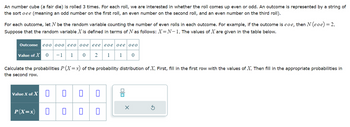 An number cube (a fair die) is rolled 3 times. For each roll, we are interested in whether the roll comes up even or odd. An outcome is represented by a string of
the sort oee (meaning an odd number on the first roll, an even number on the second roll, and an even number on the third roll).
For each outcome, let N be the random variable counting the number of even rolls in each outcome. For example, if the outcome is eoe, then N (eoe) = 2.
Suppose that the random variable X is defined in terms of N as follows: X=N-1. The values of X are given in the table below.
Outcome eoo ooo eeo ooe eee eoe oee oeo
Value of X 0 -1 1 0 2
1
1 0
Calculate the probabilities P (X=x) of the probability distribution of X. First, fill in the first row with the values of X. Then fill in the appropriate probabilities in
the second row.
Value X of X
P(X=x)
0 0
0
010
믐
X