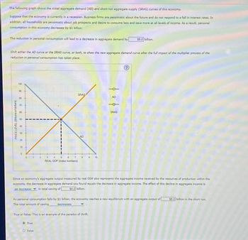 The following graph shows the initiall aggregate demand (AD) and short-run aggregate supply (SRAS) curves of this economy.
Suppose that the economy is currently in a recession. Business firms are pessimistic about the future and do not respond to a fall in interest rates. In
addition, all households are pessimistic about job prospects and desire to consume less and save more at all levels of income. As a result, personal
consumption in this economy decreases by $1 billion.
The reduction in personal consumption will lead to a decrease in aggregate demand by
PRICE LEVEL (Billions of dollars)
Shift either the AD curve or the SRAS curve, or both, to show the new aggregate demand curve after the full impact of the multiplier process of the
reduction in personal consumption has taken place.
1.00
90
18:0
2 8 8 9 88
10
0
0
1
ܢ ܡܫܢ ܘ
2
3
4
5
7
REAL GDP (Index numbers)
Ⓒ True
8
O False
SRAS
AD
8 19 10
True or False: This is an example of the paradox of thrift.
| |
AD
Since an economy's aggregate output measured by real GDP also represents the aggregate income received by the resources of production within the
economy, the decrease in aggregate demand you found equals the decrease in aggregate income. The effect of this decline in aggregate income is
an increase in total saving of $0.2 billion.
$5.0 billion.
SRAS
As personal consumption falls by $1 billion, the economy reaches a new equilibrium with an aggregate output of
The total amount of saving
increases
$5.0 billion in the short run.