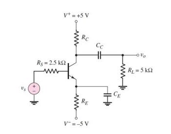 Rs=2.5 kg
-WWW
V+ = +5V
www
-WWW
Rc
RE
V=-5V
Cc
НН
CE
Vo
RL=5 ka
2