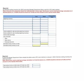 Required:
2. Estimate ending inventory for 2022 assuming Raleigh Department Store used the LIFO retail method.
Note: Amounts to be deducted should be indicated with a minus sign. Round your cost-to-retail percentage calculation to 2
decimal places (i.e., 0.1234 should be entered as 12.34) and final answers to the nearest whole dollar.
Beginning inventory
Goods available for sale (excluding beginning inventory)
Goods available for sale (including beginning inventory)
Cost-to-retail percentage
Less: Net sales
Sales
Sales returns
Employee discounts
Estimated ending inventory at retail
Estimated ending inventory at cost
Cost
Retail
Cost-to-Retail
Ratio
Required:
3. Assume Raleigh Department Store adopts the dollar-value LIFO retail method on January 1, 2023. Estimate ending inventory for
2023 and 2024.
Note: Round your cost-to-retail percentage calculation to 2 decimal places (ie., 0.1234 should be entered as 12.34) and final
answers to the nearest whole dollar.
Total ending inventory at dollar-value LIFO retail cost, 2023
Total ending inventory at dollar-value LIFO retail cost, 2024