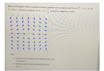 Base on the graph, make a conjecture about whether the circulation and flux of P = (x, y) on
C: r(t) = (4 cos(t), 4 sin(t)) for 0 ≤ t ≤
R
is positive, negative, or zero.
4
Then
a. Compute the circulation and interpret the result.
Circulation =
b. Compute the flux and interpret the result.
Flux =