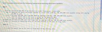 Tyrell Company entered into the following transactions involving short-term liabilities.
Year 1
April 20 Purchased $40,000 of merchandise on credit from Locust, terms n/30.
May 19
Replaced the April 20 account payable to Locust with a 90-day, 9%, $35,000 note payable along with paying
$5,000 in cash.
July 8
Borrowed $60,000 cash from NBR Bank by signing a 120-day, 11%, $60,000 note payable.
Paid the amount due on the note to Locust at the maturity date.
Paid the amount due on the note to NBR Bank at the maturity date.
November 28 Borrowed $33,000 cash from Fargo Bank by signing a 60-day, 8%, $33,000 note payable.
December 31 Recorded an adjusting entry for accrued interest on the note to Fargo Bank.
Year 2
Paid the amount due on the note to Fargo Bank at the maturity date.