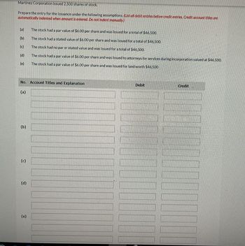 Martinez Corporation issued 2,500 shares of stock.
Prepare the entry for the issuance under the following assumptions. (Ust all debit entries before credit entries. Credit account titles are
automatically indented when amount is entered. Do not indent manually)
(a)
(b)
(c)
(d)
(e)
(b)
No. Account Titles and Explanation
(a)
(c)
(d)
The stock had a par value of $6.00 per share and was issued for a total of $46,500.
The stock had a stated value of $6.00 per share and was issued for a total of $46,500.
The stock had no par or stated value and was issued for a total of $46,500
Ⓡ
The stock had a par value of $6.00 per share and was issued to attorneys for services during incorporation valued at $46,500.
The stock had a par value of $6.00 per share and was issued for land worth $46,500.
Debit
11
1
C
Credit