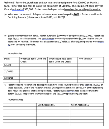 Problem 5) Foster Inc. purchased and put into service equipment for $300,000 on March 1,
2020. Foster also paid fees to install the equipment of $10,000. The equipment had a 10-year
life and residual of $20,000. Foster records depreciation based on the month put in service.
(a) What was the amount of depreciation expense was charged in 2021 if Foster uses Double
Declining Balance (please note, I said 2021, not 2020)?
(b) Ignore the information in part a. Foster purchases $100,000 of equipment on 1/1/2020. Foster also
pays $5,000 installation costs. The book-keeper incorrectly expensed the $5,000. The life was 10
years and -0- residual. The error was discovered on 12/31/2021, after adjusting entries were made
by prior to closing the books.
Journal Entries
Dates
1/1/20
12/31/20
12/31/21
What was done: Debit and What should have been
Credit
done: Debit and Credit
How to fix it?
(c) Foster conducts research and development on new ideas. During the year they spend $100,000 on
those activities. One of the research projects (management estimates about 25% of the total cost)
does result in a process that can be patented. Foster pays its lawyers fees associated with the
patent $2,000. Prepare the journal entries for the $102,000 spent during the year:
Journal entry(s)
Debit Acct and $$
Credit Acct and $$