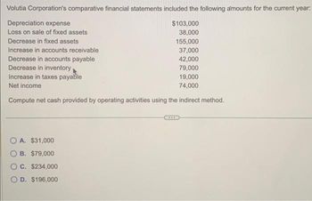 Volutia Corporation's comparative financial statements included the following amounts for the current year:
Depreciation expense
$103,000
38,000
Loss on sale of fixed assets
Decrease in fixed assets
155,000
Increase in accounts receivable
37,000
42,000
Decrease in accounts payable
Decrease in inventory
Increase in taxes payable
79,000
Net income
19,000
74,000
Compute net cash provided by operating activities using the indirect method.
OA. $31,000
OB. $79,000
C. $234,000
D. $196,000