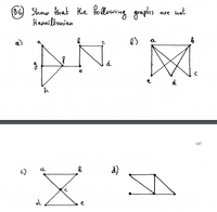 ## Problem 36: Show that the Following Graphs are not Hamiltonian

**Graph (a):**
- Vertices: \(a, b, c, d, e, f, g, h\)
- Structure: The graph is composed of two triangles linked together by a common vertex \(f\). Triangle one includes vertices \(a, f, g, h\), and the second triangle includes vertices \(b, f, e\). The vertex \(b\) is connected to vertex \(c\) which connects to vertex \(d\).
- Explanation: Involves assessing each edge and vertex path to determine the impossibility of a Hamiltonian cycle, where each vertex is visited once without repetition.

**Graph (b):**
- Vertices: \(a, b, c, d, e\)
- Structure: A complete bipartite graph represented in a quadrilateral layout. Includes diagonals intersecting between nonadjacent vertices.
- Explanation: Analyze edge connections and intersections to illustrate that retracing steps is unavoidable, which precludes a Hamiltonian cycle.

**Graph (c):**
- Vertices: \(a, b, c, d, e\)
- Structure: The graph is a bow-tie shape or hourglass structure with overlapping edges at vertex \(c\). The upper part connects vertices \(a\) and \(b\) to \(c\), and the lower part connects vertices \(d\) and \(e\) to \(c\).
- Explanation: Checking possible routes, there’s necessary repetition of the intersection point resulting in no Hamiltonian cycle.

**Graph (d):**
- Vertices: Not labeled
- Structure: Two disconnected figures composed of triangles. The left shape has three points linked, one isolated from the right triangle shape.
- Explanation: As the graph is disconnected, it inherently cannot have a Hamiltonian cycle, as all vertices cannot be visited in a continuous path. 

Each graph demonstrates the necessary characteristics to be non-Hamiltonian by either containing disconnections, intersections voiding unique paths, or vertex repetitions—characteristics precluding a Hamiltonian cycle.