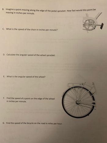 B. Imagine a point moving along the edge of the pedal sprocket. How fast would this point be
moving in inches per minute.
C. What is the speed of the chain in inches per minute?
D. Calculate the angular speed of the wheel sprocket.
E. What is the angular speed of the wheel?
F. Find the speed of a point on the edge of the wheel
in inches per minute.
G. Find the speed of the bicycle on the road in miles per hour.