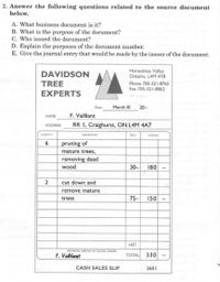 2. Answer the following questions related to the source document
below.
A. What business document is it?
B. What is the purpose of the document?
C. Who issued the document?
D. Explain the purposes of the document number.
E. Give the journal entry that would be made by the issuer of the document.
Horseshoe Valley
Ontaria, L4M 4Y8
DAVIDSON
TREE
EXPERTS
Phone 705-321-8765
Fax 705-321-8862
March 10
Du
20-
F. Vailliant
RR I, Craighurst, ON LAM 4A7
NAME
ADDRESS
QUAN
6
pruning of
mature trees,
removing dead
wood
30-
180
2
cut down and
remove mature
trees
75-
150
HST
RECEVED AROVE IN GOOD ORDER
F. Valiant
TOTAL 330
CASH SALES SLIP
2651
