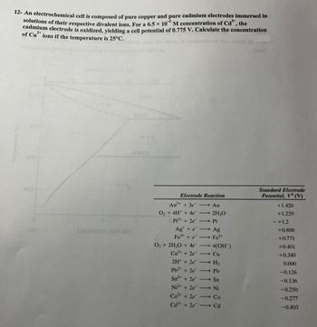 12- An electrochemical cell is composed of pure copper and pure cadmium electrodes immersed in
solutions of their respective divalent ions. For a 6.5 × 102 M concentration of Cd²+, the
cadmium electrode is oxidized, yielding a cell potential of 0.775 V. Calculate the concentration
2+
of Cu ions if the temperature is 25°C.
Electrode Reaction
Au³+ + 3e - Au
O₂ + 4H+ 4e¯
Pt2+ + 2e
Ag+ e
Fe³+ + e
O₂ + 2H₂O +
4e4(OH™)
Cu
H₂
Pb
Cu²+ + 2e →
2H₂O
Pt
Ag
Fe²+
2H + 2e
Pb²+ + 2e -
Sn²+ + 2e
-> Sn
Ni²+ + 2e →→→ Ni
Co²+ + 2e Co
Cd²+ + 2e
Cd
Standard Electrode
Potential, V° (V)
+1.420
+1.229
~+1.2
+0.800
+0.771
+0.401
+0.340
0.000
-0.126
-0.136
-0.250
-0.277
-0.403