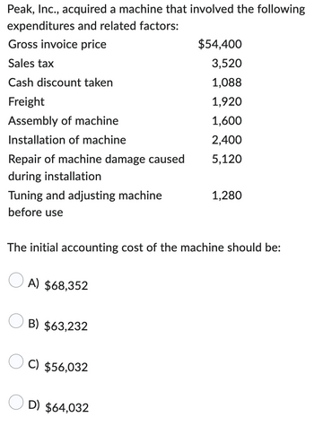 Peak, Inc., acquired a machine that involved the following
expenditures and related factors:
Gross invoice price
Sales tax
Cash discount taken
Freight
Assembly of machine
Installation of machine
Repair of machine damage caused
during installation
Tuning and adjusting machine
before use
A) $68,352
The initial accounting cost of the machine should be:
B) $63,232
C) $56,032
$54,400
3,520
1,088
1,920
1,600
2,400
5,120
D) $64,032
1,280