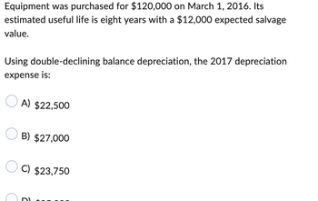 Equipment was purchased for $120,000 on March 1, 2016. Its
estimated useful life is eight years with a $12,000 expected salvage
value.
Using double-declining balance depreciation, the 2017 depreciation
expense is:
A) $22,500
B) $27,000
C) $23,750