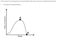 This covers how temperature and pH affect the rate of enzyme catalyzed reactions.
1. Consider the graph below:
A
B
Temp.
Rate of reaction
