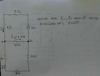 SOLVE FOR I, Iz amd E Using
KIRCHHO F'S RULES
E 14V
巧
12= 0-97A
a
1052
102
