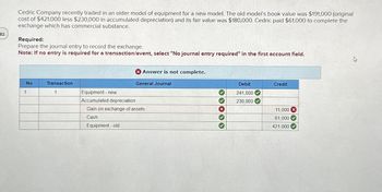 32
Cedric Company recently traded in an older model of equipment for a new model. The old model's book value was $191,000 (original
cost of $421,000 less $230,000 in accumulated depreciation) and its fair value was $180,000. Cedric paid $61,000 to complete the
exchange which has commercial substance.
Required:
Prepare the journal entry to record the exchange.
Note: If no entry is required for a transaction/event, select "No journal entry required" in the first account field.
No
1
Transaction
1
Equipment - new
Accumulated depreciation
X Answer is not complete.
General Journal
Gain on exchange of assets
Cash
Equipment - old
33
X
Debit
241,000
230,000
Credit
11,000 X
61,000
421,000