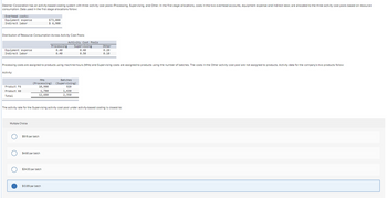 Deemer Corporation has an activity-based costing system with three activity cost pools-Processing, Supervising, and Other. In the first stage allocations, costs in the two overhead accounts, equipment expense and indirect labor, are allocated to the three activity cost pools based on resource
consumption. Data used in the first stage allocations follow:
Overhead costs:
Equipment expense
Indirect labor
Distribution of Resource Consumption Across Activity Cost Pools:
Equipment expense
Indirect labor
Activity:
Product F6
Product X0
Total
Processing costs are assigned to products using machine-hours (MHs) and Supervising costs are assigned to products using the number of batches. The costs in the Other activity cost pool are not assigned to products. Activity data for the company's two products follow:
Multiple Choice
O
$73,000
$ 6,900
MHs
(Processing)
10,900
1,780
12,680
$9.19 per batch
$4.60 per batch
Processing
0.40
0.40
The activity rate for the Supervising activity cost pool under activity-based costing is closest to:
$34.00 per batch
$13.89 per batch
Activity Cost Pools
Supervising
0.40
0.50
Other
0.20
0.10
Batches
(Supervising)
920
1,430
2,350