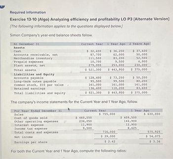 Required information.
Exercise 13-10 (Algo) Analyzing efficiency and profitability LO P3 [Alternate Version]
[The following information applies to the questions displayed below.]
Simon Company's year-end balance sheets follow.
At December 31
Assets
Cash
Accounts receivable, net
Merchandise inventory
Prepaid expenses
Plant assets, net
Total assets
Current Year 1 Year Ago
$ 36,250
$ 32,400
87,700
62,000
111,500
83,200
10,700
279,000
9,500
253,000
$ 521,300
$ 443,950
$ 128,400
95,500
161,000
136,400
Liabilities and Equity
Accounts payable
Long-term notes payable
Common stock, $10 par value.
Retained earnings
Total liabilities and equity
The company's income statements for the Current Year and 1 Year Ago, follow.
For Year Ended December 31
Sales
Cost of goods sold
Other operating expenses
$ 50,200
80,200
161,000
83,600
$ 521,300 $ 443,950 $ 375,000
Current Year
$ 73,250
99,500
161,000
110,200
$ 460,550
234,050
11,900
9,500
$ 755,000
2 Years Ago
$ 37,600
50,000
52,500
4,900
230,000
$ 375,000
716,000
$ 39,000
$ 2.42
Interest expense
Income tax expense
Total costs and expenses
Net income
Earnings per share
For both the Current Year and 1 Year Ago, compute the following ratios:
1 Year Ago
$ 409,500
144,900
12,900
8,625
$ 630,000
575,925
$ 54,075
$ 3.36