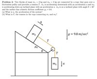 Problem 2: Two blocks of mass m, = 2 kg and m2 = 3 kg are connected by a rope that goes over a
frictionless pulley and provides a tension T. m, is accelerating downwards with an acceleration a and m2
is accelerating down an inclined plane with an acceleration a. m2 is on a inclined plane with angle 0 = 30°
and the surface has a kinetic friction coefficient Hk = 0.6.
(a) What is a, the acceleration of the system?
(b) What is T, the tension in the rope connecting mi and m2?
g = 9.8 m/sec?
m2
T
T
la
m1
