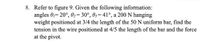 8. Refer to figure 9. Given the following information:
angles 0= 20°, 02= 30°, 03= 41°, a 200 N hanging
weight positioned at 3/4 the length of the 50 N uniform bar, find the
tension in the wire positioned at 4/5 the length of the bar and the force
at the pivot.
