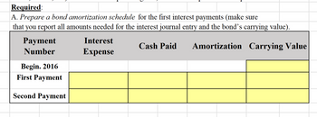 Required:
A. Prepare a bond amortization schedule for the first interest payments (make sure
that you report all amounts needed for the interest journal entry and the bond's carrying value).
Amortization Carrying Value
Payment
Number
Begin. 2016
First Payment
Second Payment
Interest
Expense
Cash Paid