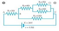 R3=32
R2=42
R4=62
R1=22
ww
A
B
R3=122
E = 26V
r= 0.52
