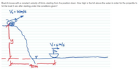 Boat A moves with a constant velocity of 6m/s, starting from the position down. How high is the hill above the water in order for the projectile to
hit the boat 5 sec after starting under the conditions given?
Vo= 30m/s
V=Gm/s
gom
