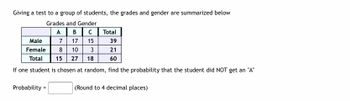 Giving a test to a group of students, the grades and gender are summarized below
Grades and Gender
A
B
Total
Male
17
15
39
Female 8
10 3
21
Total
15 27 18
60
If one student is chosen at random, find the probability that the student did NOT get an "A"
Probability =
(Round to 4 decimal places)