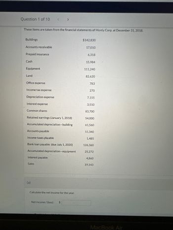 Question 1 of 10
These items are taken from the financial statements of Monty Corp. at December 31, 2018.
Buildings
Accounts receivable
Prepaid insurance
Cash
Equipment
Land
Office expense
Income tax expense
Depreciation expense
Interest expense
Common shares
Retained earnings (January 1, 2018)
Accumulated depreciation-building
Accounts payable
Income taxes payable
Bank loan payable (due July 1, 2020)
Accumulated depreciation-equipment
Interest payable
Sales
(a)
Calculate the net income for the year.
Net income / (loss)
$
$142,830
17,010
6,318
15,984
111,240
82,620
783
270
7,155
3,510
83,700
54,000
61,560
11,340
1,485
126,360
25,272
4,860
19,143
MacBook Air