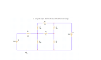 **Circuit Analysis Using Node Method**

**Objective:**
Determine the values of all the resistor voltages using node analysis.

**Circuit Description:**

In the diagram, we have a complex circuit with the following components and connections:

1. **Voltage Sources:**
   - **5V DC Source**: On the left side, connected to resistor \( R_1 \).
   - **9V DC Source**: On the right side, labeled as \( V_1 \).

2. **Resistors:**
   - \( R_1 \): 220 Ohms, connected between the 5V source and the first node.
   - \( R_2 \): 1k Ohm, connected in series between Nodes 1 and 2.
   - \( R_3 \): 100 Ohms, connected in parallel from Node 2 to the \( V_1 \) source.
   - \( R_4 \): 500 Ohms, connected in parallel from the ground to Node 1.
   - \( R_5 \): 1k Ohm, connected from Node 2 to Node 3.
   - \( R_6 \): Not present in the diagram despite typical mention in sequences.
   - \( R_7 \) and \( R_8 \): Both 10k Ohms, connected in series from Node 1 to Node 2. 

3. **Ground Connection:**
   - Present at the base, providing a common reference point.

**Procedure:**
Using node analysis, apply the following steps:

1. Identify and label each node.
2. Apply Kirchhoff's Current Law (KCL) to each node (except the reference node).
3. Set up and solve the resulting system of equations to find the node voltages.
4. Use the node voltages to calculate the voltage across each resistor.

**Graph/Diagram Explanation:**
- The circuit is shown with nodes designated by red dots. The components are connected with straight lines representing wires.
- The diagram includes the necessary values for each resistor and voltage source to perform calculations.

By following these steps, one can accurately determine the voltage across each resistor, facilitating an understanding of the circuit dynamics through node analysis.