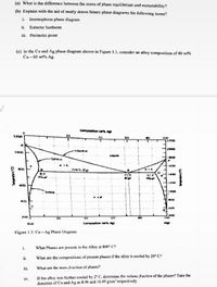 (a) What is the difference between the states of phase equilibrium and metastability?
(b) Explain with the aid of neatly drawn binary phase diagrams the following terms?
i. Isormophous phase diagram
ii. Eutectic Isotherm
iii. Peritectic point
(c) in the Cu and Ag phase diagram shown in Figure 1.1, consider an alloy composition of 40 wt%
Cu - 60 wt% Ag.
Composton t RND
1200
20
GO
80
100
2200
2000
LIQUOLS
1000
Lquto
:000
...
:600
8.0
:400
912
:200
G00
Somus
:000
B00
400
G00
200
400
100
20
40
60
Composition wes AD
Figure 1.1: Cu - Ag Phase Diagram
i.
What Phases are present in the Alloy at 800° C?
i.
What are the compositions of present phases if the alloy is cooled by 20° C?
iii.
What are the mass fraction of phases?
If the alloy was further cooled by 2° C, determine the volume fraction of the phases? Take the
densities of Cu and Ag as 8.96 and 10.49 g/cm' respectively.
iv.
