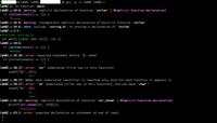 @vlab01 lab02-
S$ gcc -g -o lab02 lab02.c
lab02.c: In function 'main':
lab02.c:34:6: warning: implicit declaration of function 'strlen' [-Wimplicit-function-declaration]
if (strlen(needle) == 1)) {
lab02.c:34:6: warning: incompatible implicit declaration of built-in function 'strlen'
lab02.c:34:6: note: include '<string.h>' or provide a declaration of 'strlen'
lab02.c:2:1:
+#include <string.h>
int part1 (const char str[], int c)
lab02.c:34:6:
if (strlen(needle) == 1)) {
lab02.c:34:26: error: expected statement before ')' token
if (strlen(needle)
1)) {
==
A
lab02.c:38:17: error: 'str' undeclared (first use in this function)
scanf("%s", str);
lab02.c:38:17: note: each undeclared identifier is reported only once for each function it appears in
lab02.c:39:17: error: 'ch' undeclared (first use in this function); did you mean 'char'?
scanf("%s", ch);
char
lab02.c:41:12: warning: implicit declaration of function 'str_chnum' [-Wimplicit-function-declaration]
printf(str_chnum(str, ch[0]));
lab02.c:43:1: error: expected declaration or statement at end of input
}
