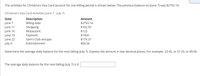 The activities for Christina's Visa Card account for one billing period is shown below. The previous balance on (June 7) was $2793.14
Christina's Visa Card Activities (June 7 - July 7)
Description
Billing date
Shopping
Date
Amount
June 7
$2793.14
June 11
$162.55
June 16
Restaurant
$123
June 19
$1500
Payment
Sam's Club and gas
June 22
July 4
$179.37
Entertainment
$60.56
Determine the average daily balance for the next billing (July 7). Express the amount in two decimal places. For example, 23.45, or 57.20, or 89.00.
The average daily balance for the next billing (July 7) is $
